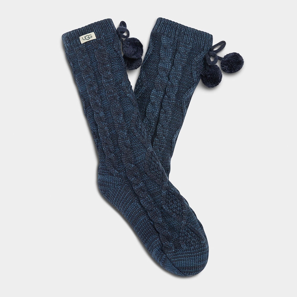 Meia Ugg Pom Pom Fleece Lined Crew Sock Azul Marinho
