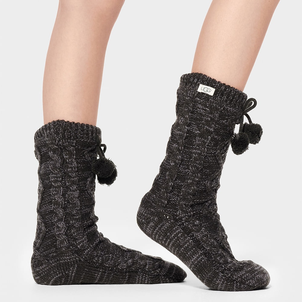 Meia Ugg Pom Pom Fleece Lined Crew Sock Cinza