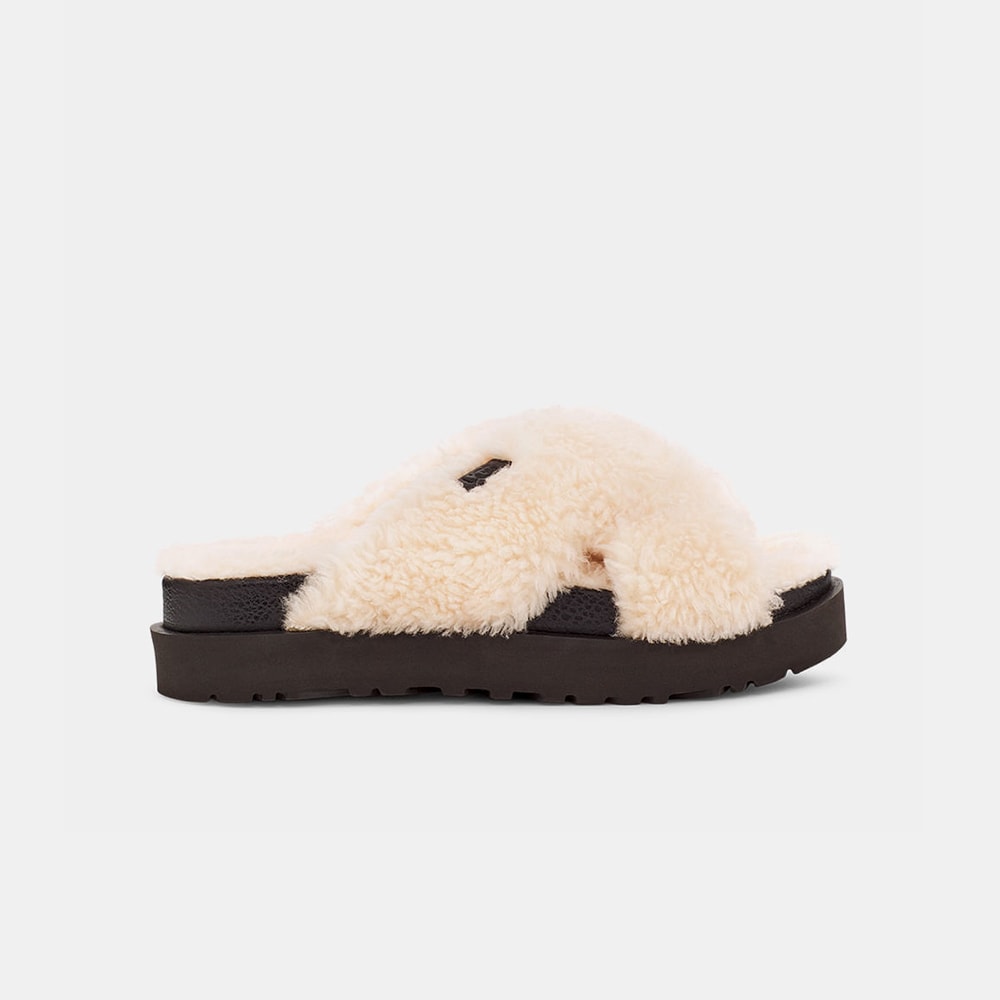 Sandália UGG Fuzz Sugar Cross Slide Bege/Preto