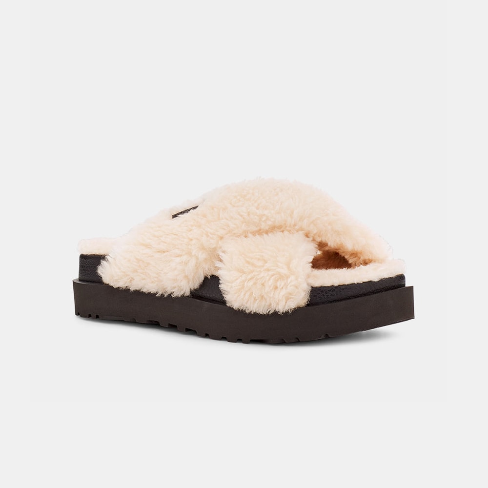 Sandália UGG Fuzz Sugar Cross Slide Bege/Preto